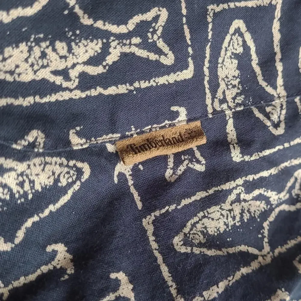 Vintage Timberland Fishing Print Button Up Shirt XL Blue Nautical Cotton